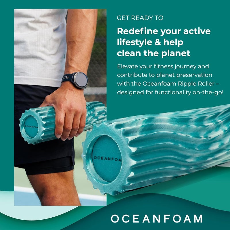 Oceanfoam Ripple Travel Foam Roller (11" x 3.35") Firm Mini Foam Roller for Physical Therapy, Deep Tissue Massage, Back Pain - High Density, Wave Textured - Yoga, Exercise (Jade & Seafoam Marbled) - Image 2